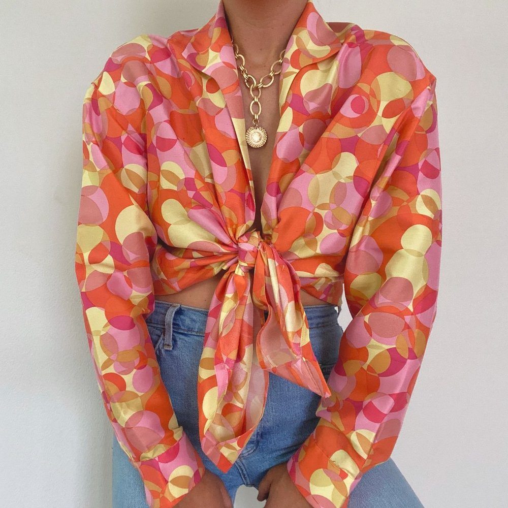 Vintage Silk Bright Geo Top Pink, Orange, Yellow - Picture 2 of 8